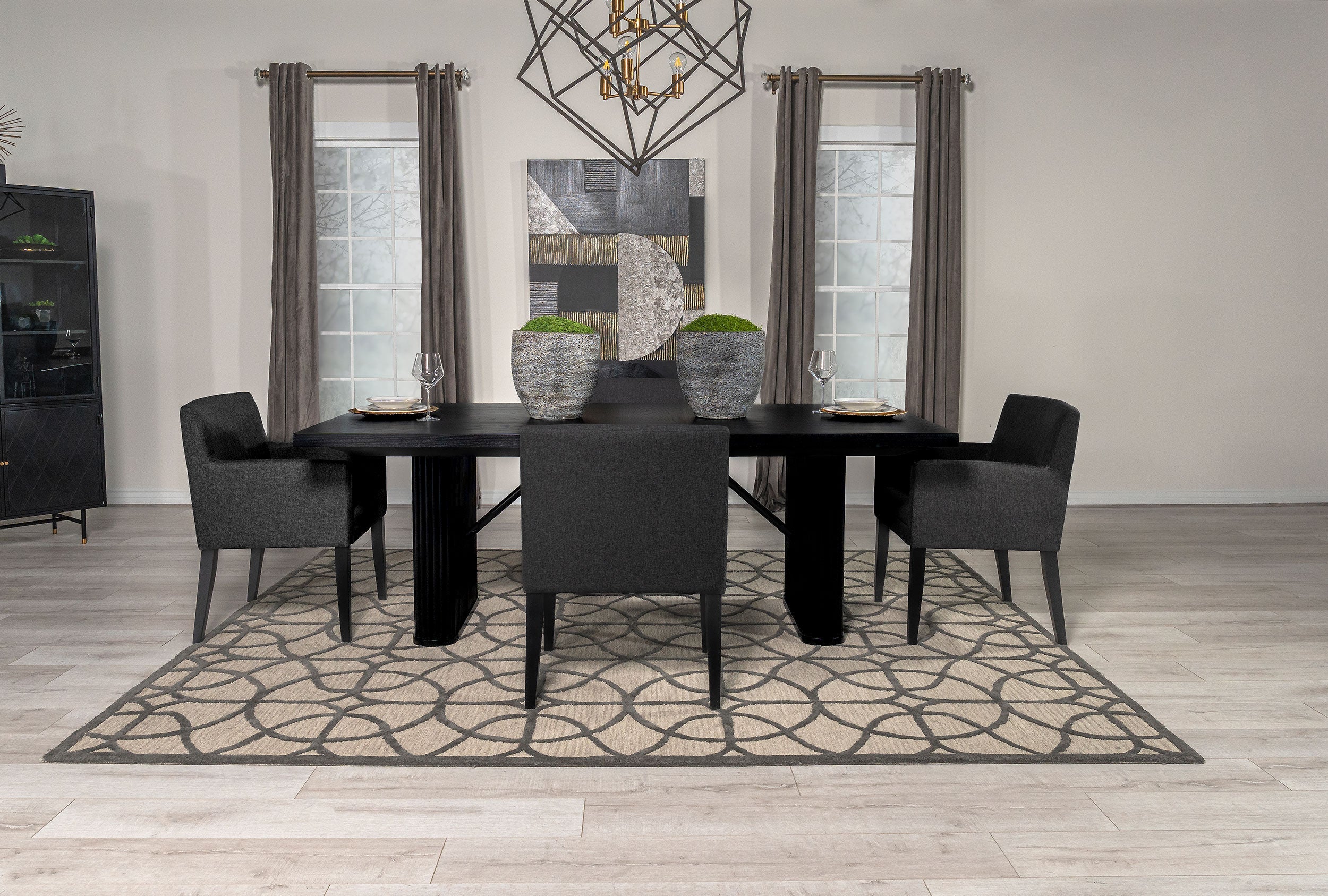 Catherine  Double Pedestal Dining Table Set Charcoal Grey and Black