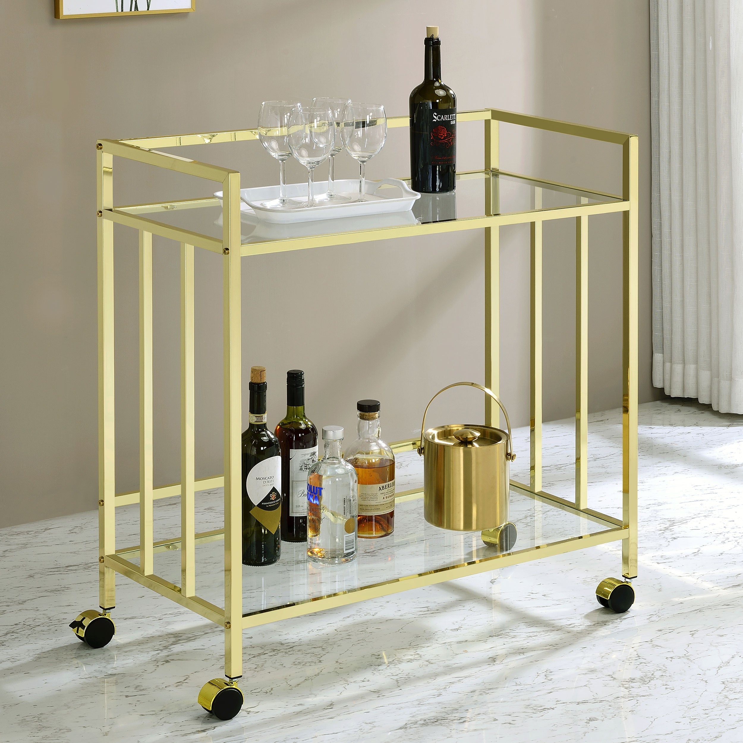 Cara Rectangular Glass Bar Cart Brass