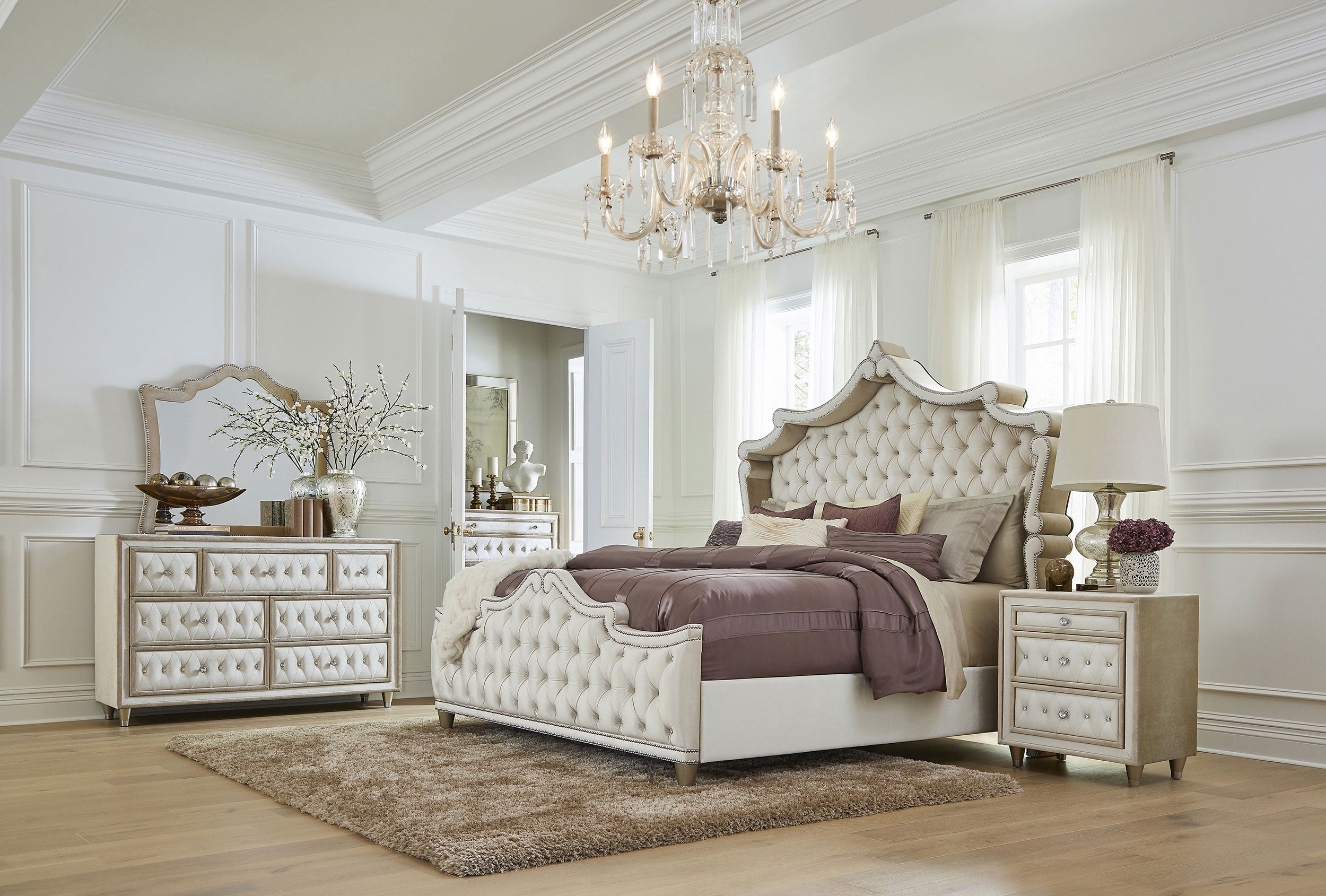 Antonella   Upholstered Tufted Bedroom Set Ivory and Camel