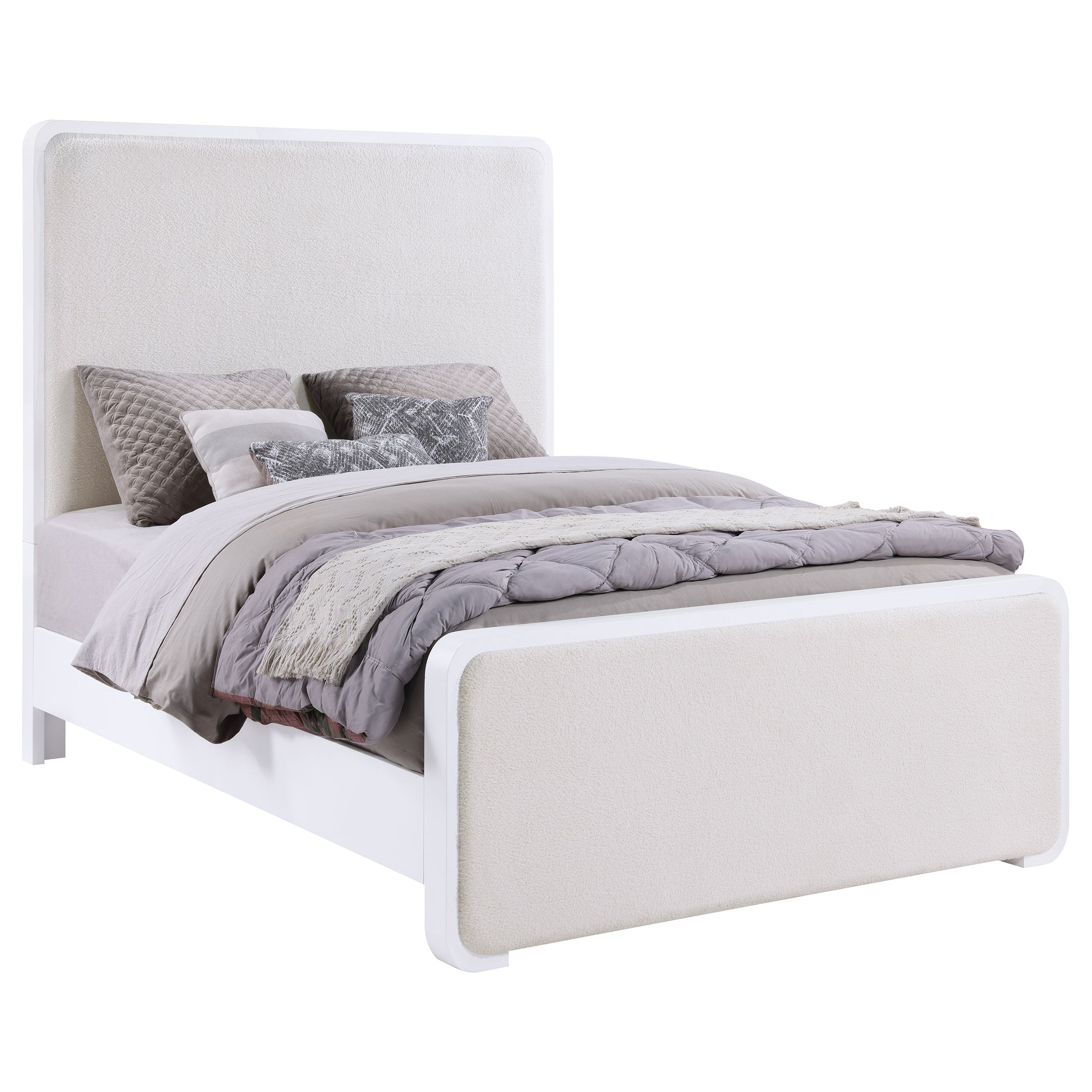 Anastasia Boucle Upholstered  Panel Bed Pearl White and Beige