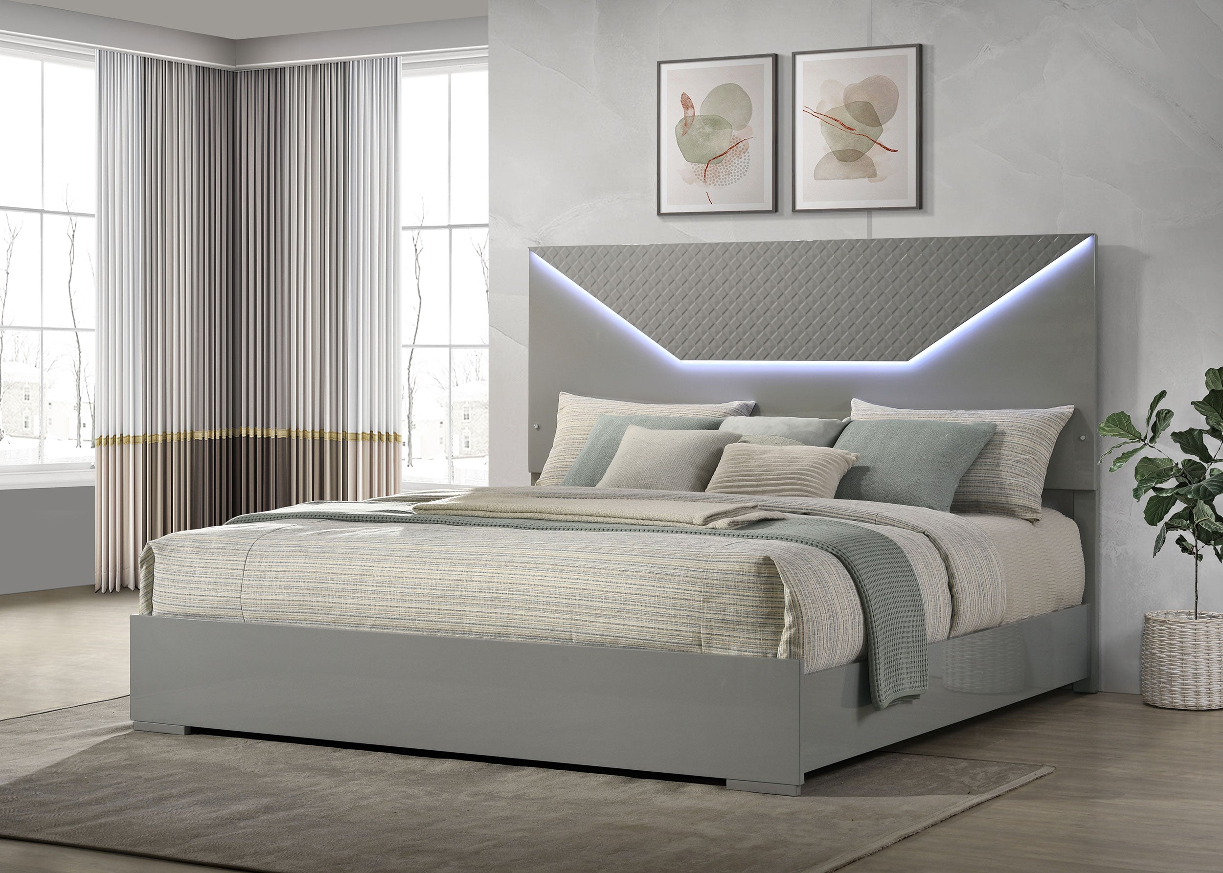 Ives  Panel Bed LED Headboard Grey High Gloss