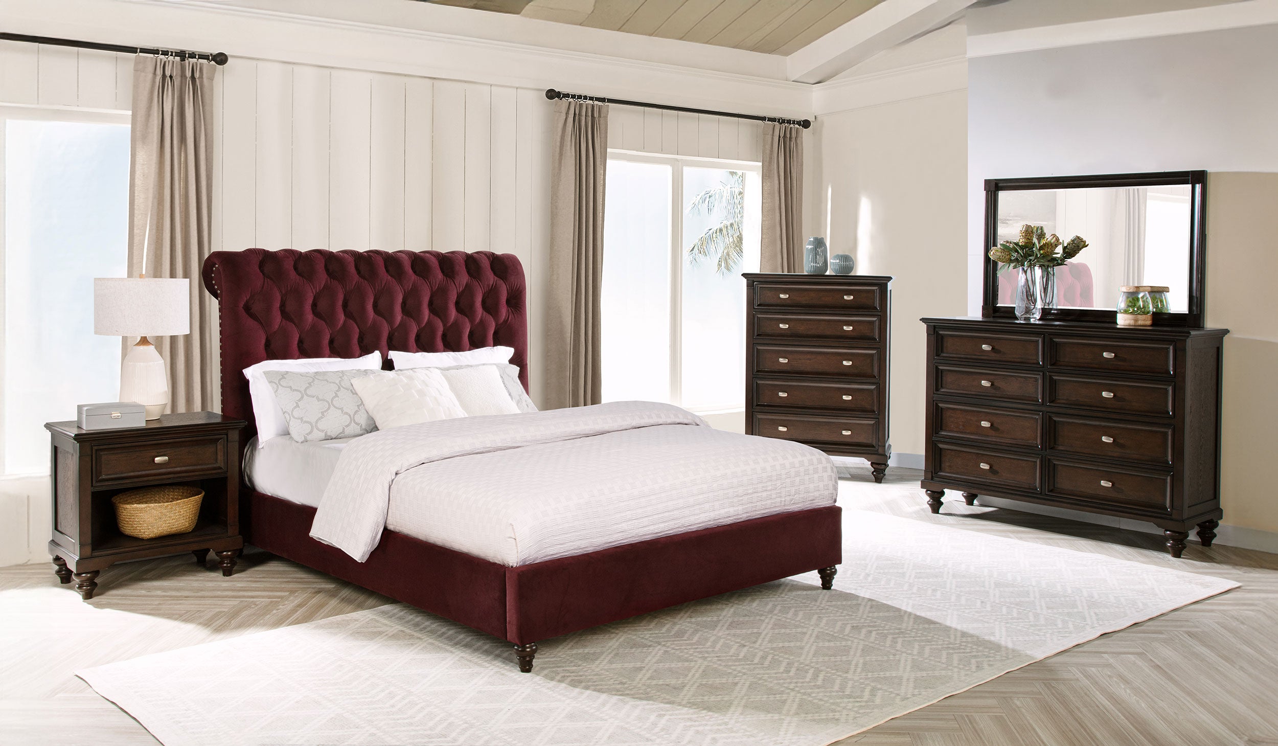 Devon  Bedroom Set Wine Red and Dark Oak