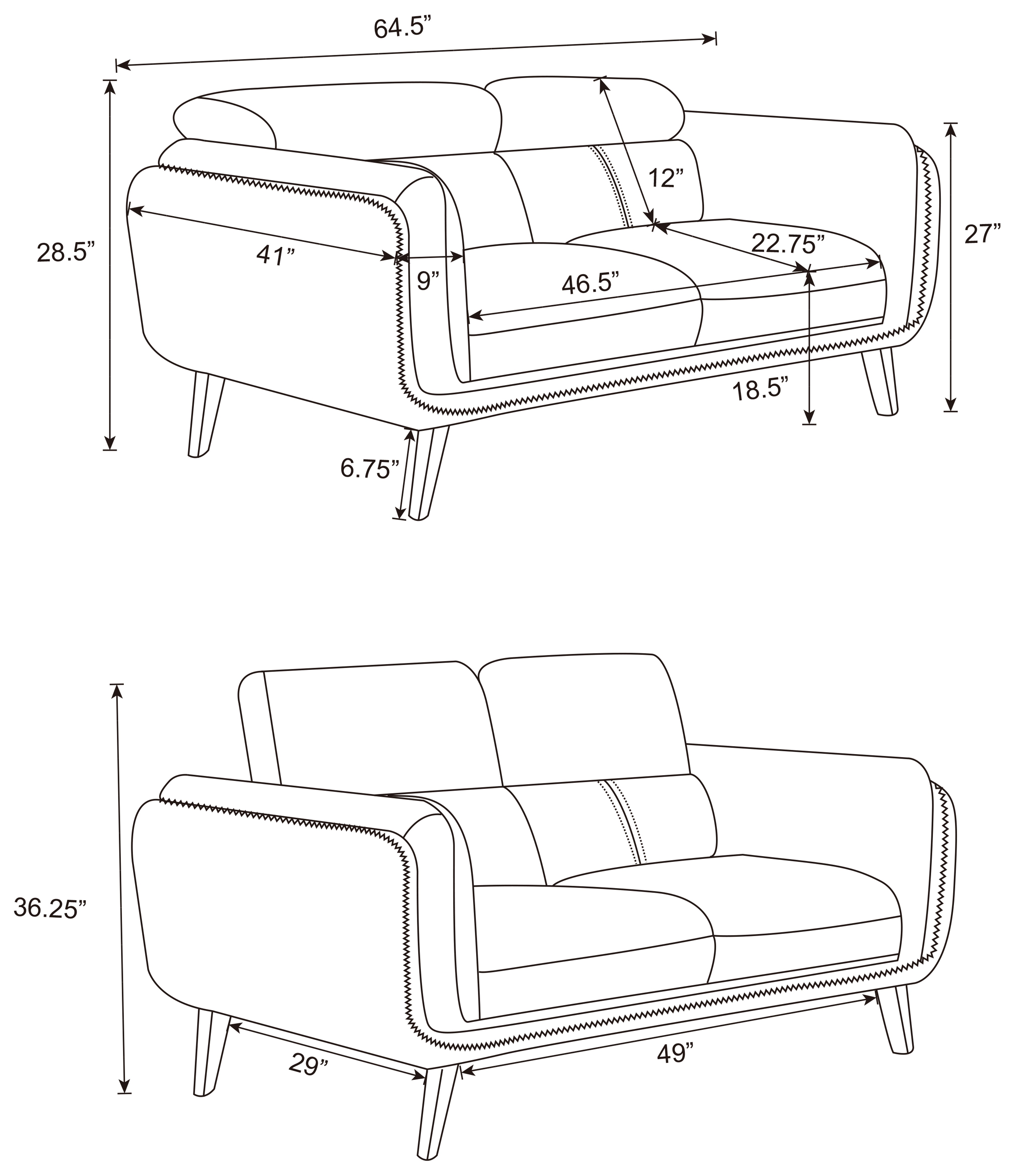 Shania Track Arms Loveseat with Tapered Legs Black