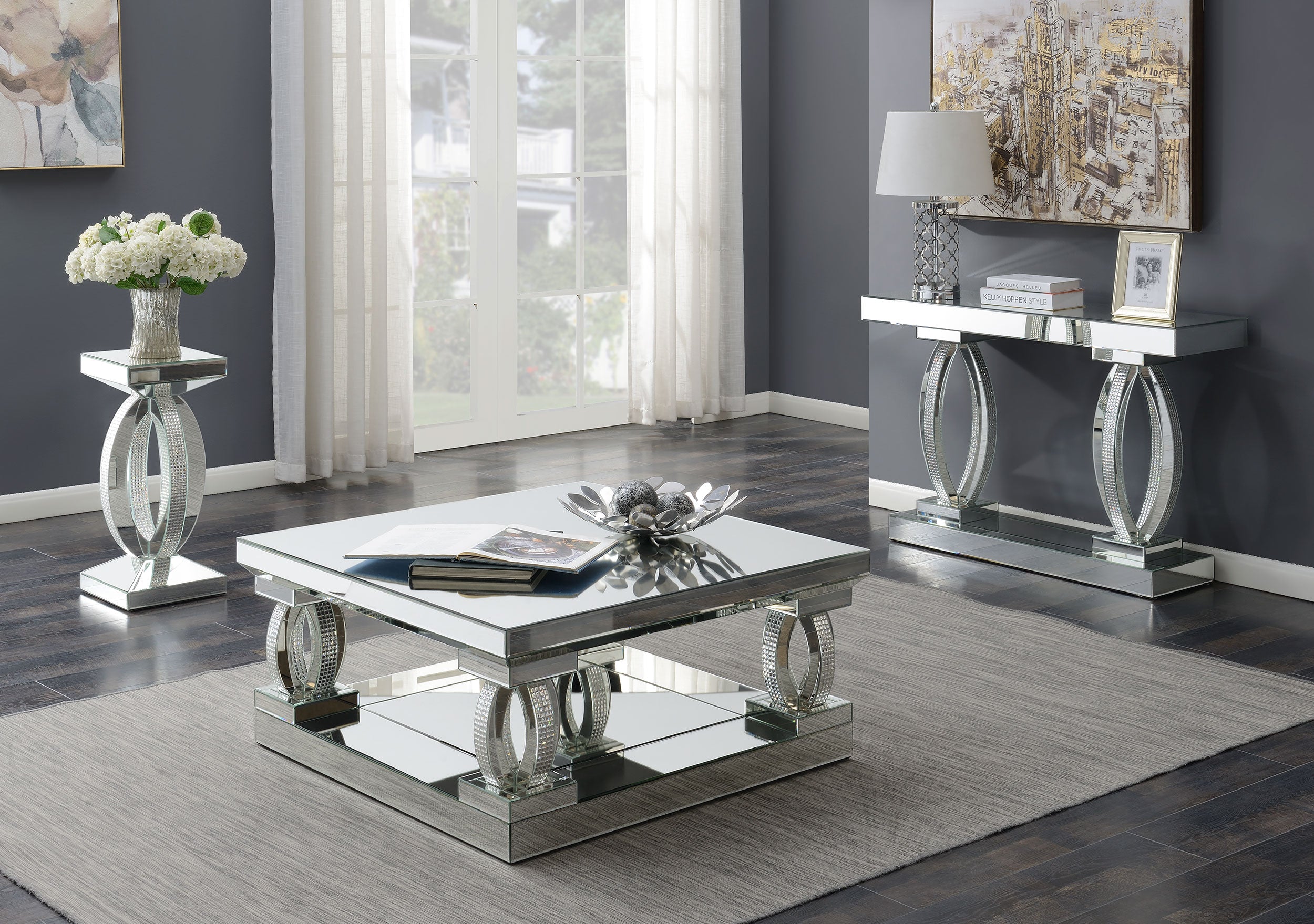 Amalia Square End Table with Lower Shelf Clear Mirror