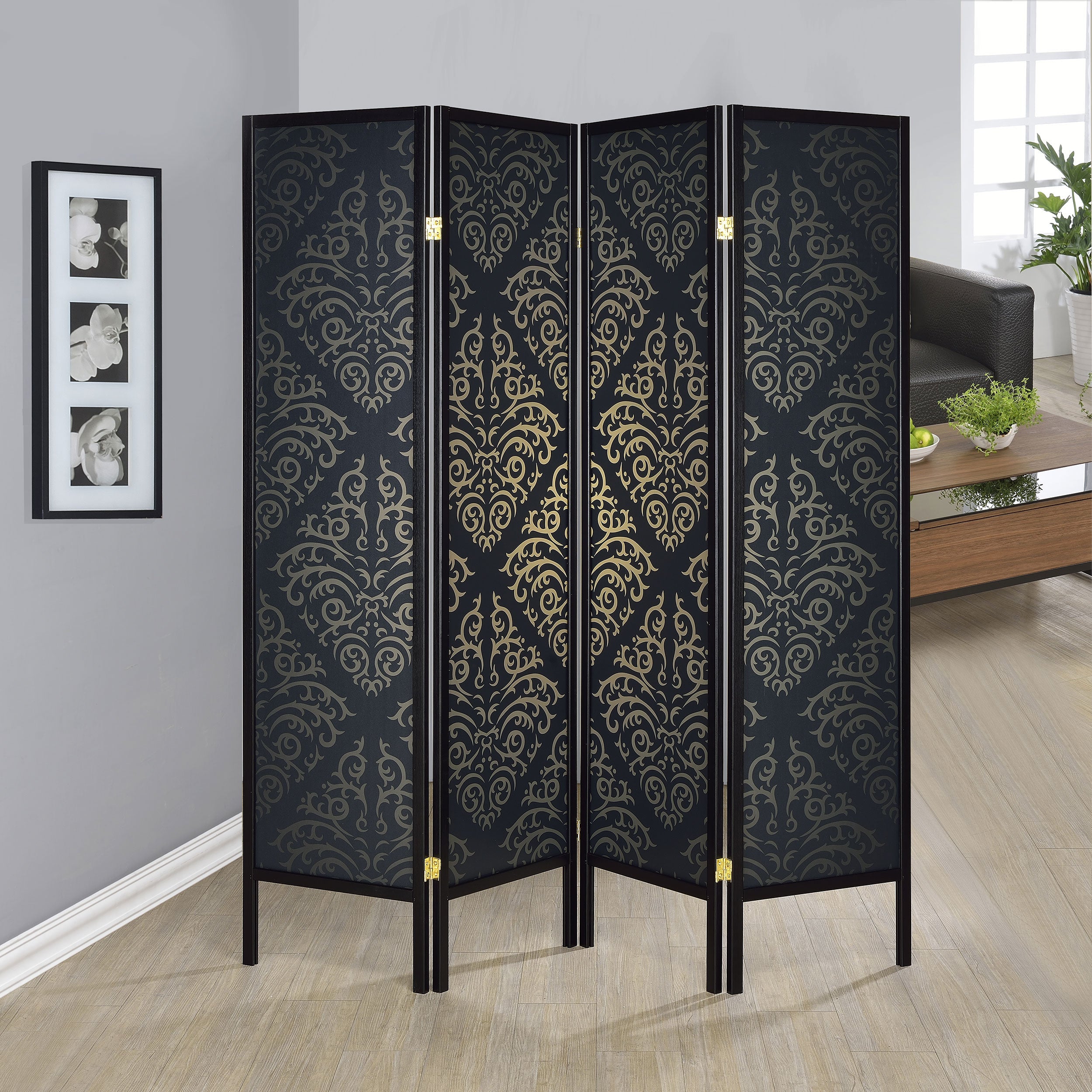 Haidera 4-panel Damask Pattern Folding Screen Black