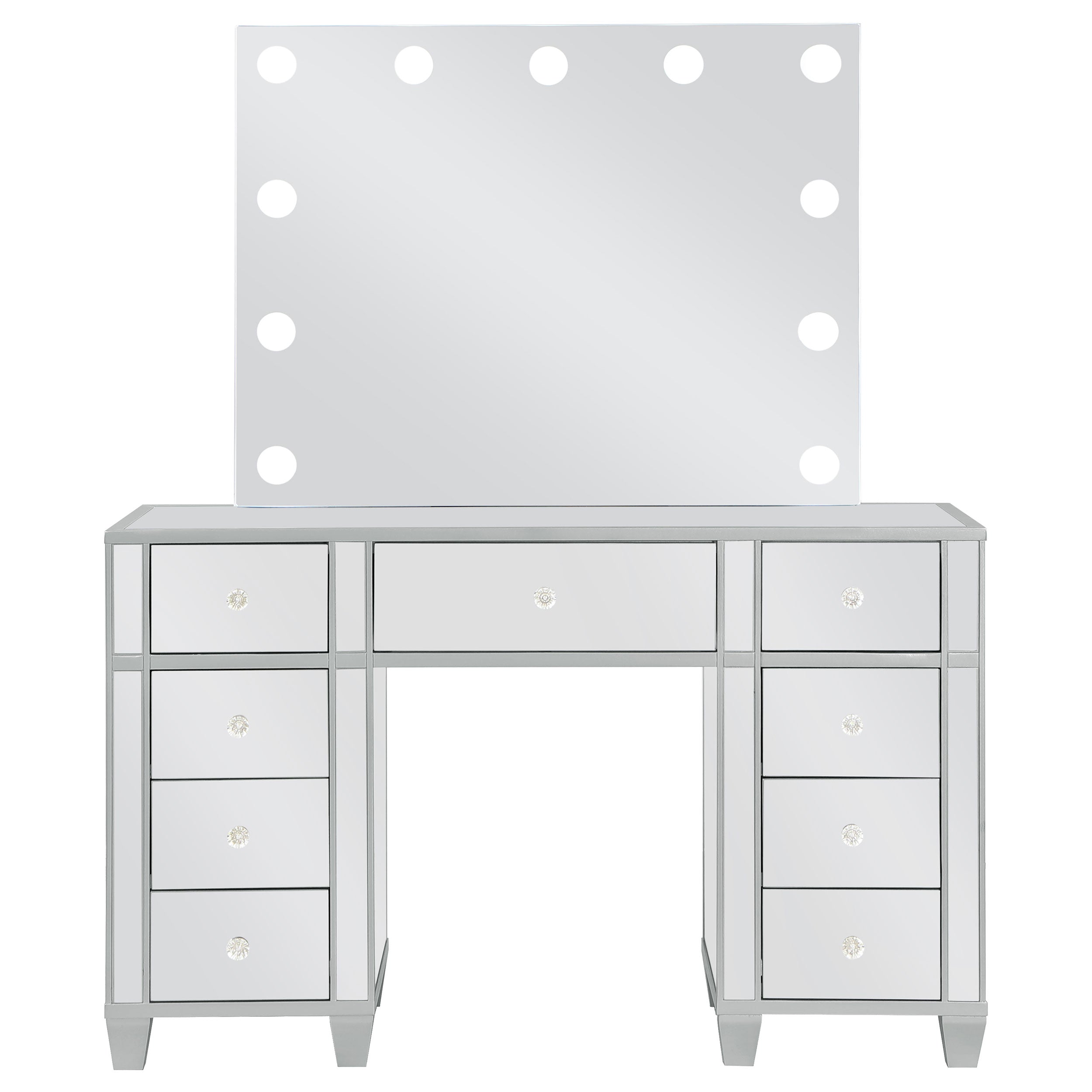 Allora 9-drawer Mirrored Storage Vanity Set with Hollywood Lighting Metallic