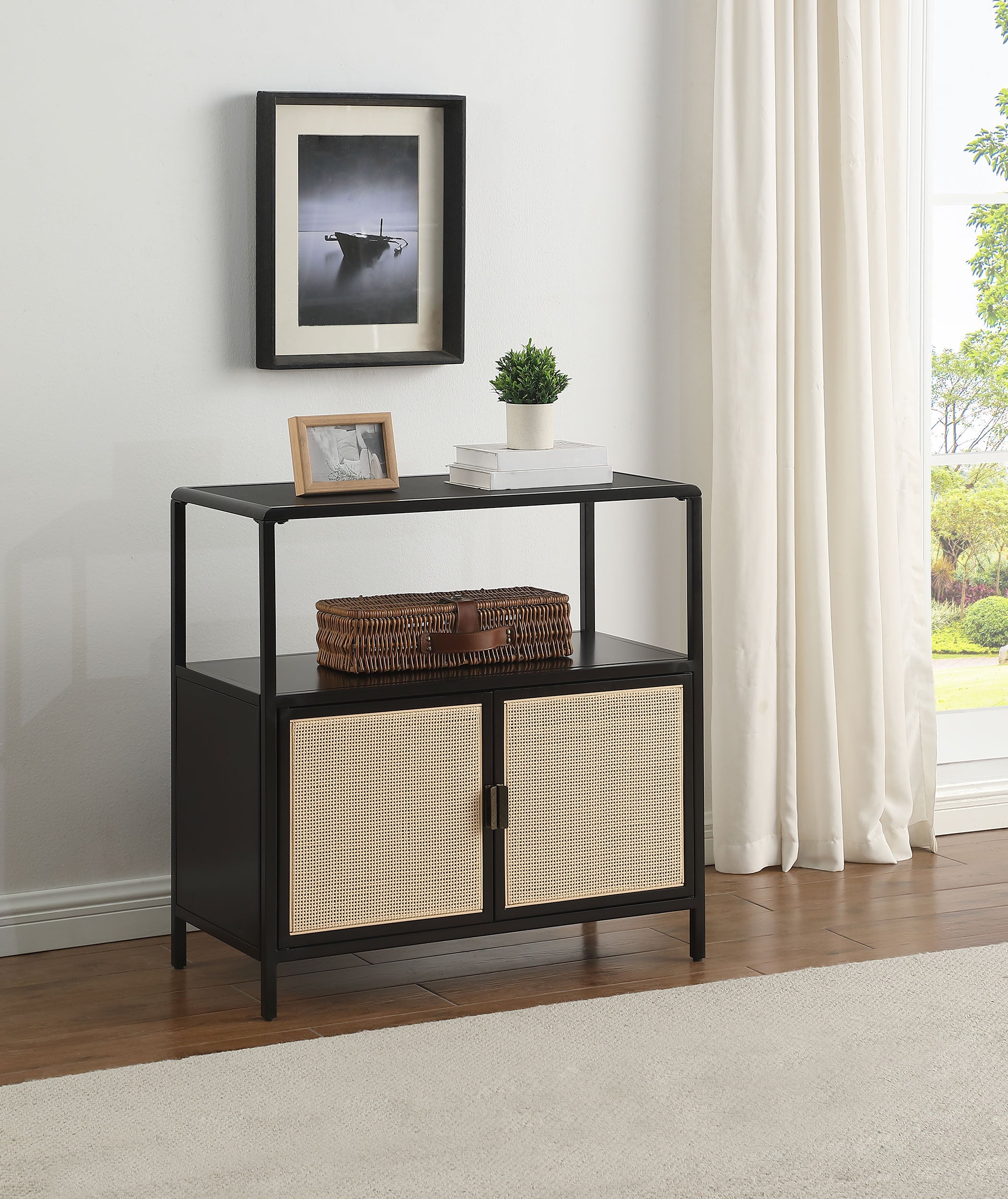 Amherst 3-shelf Radio Weave Cane Metal Accent Cabinet Black